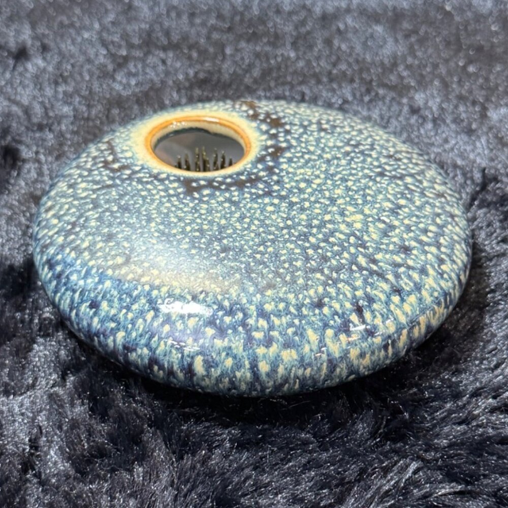 Ceramic Ikebana Vase With Blue Speckled Glaze & Built-In Needle Frog Signed